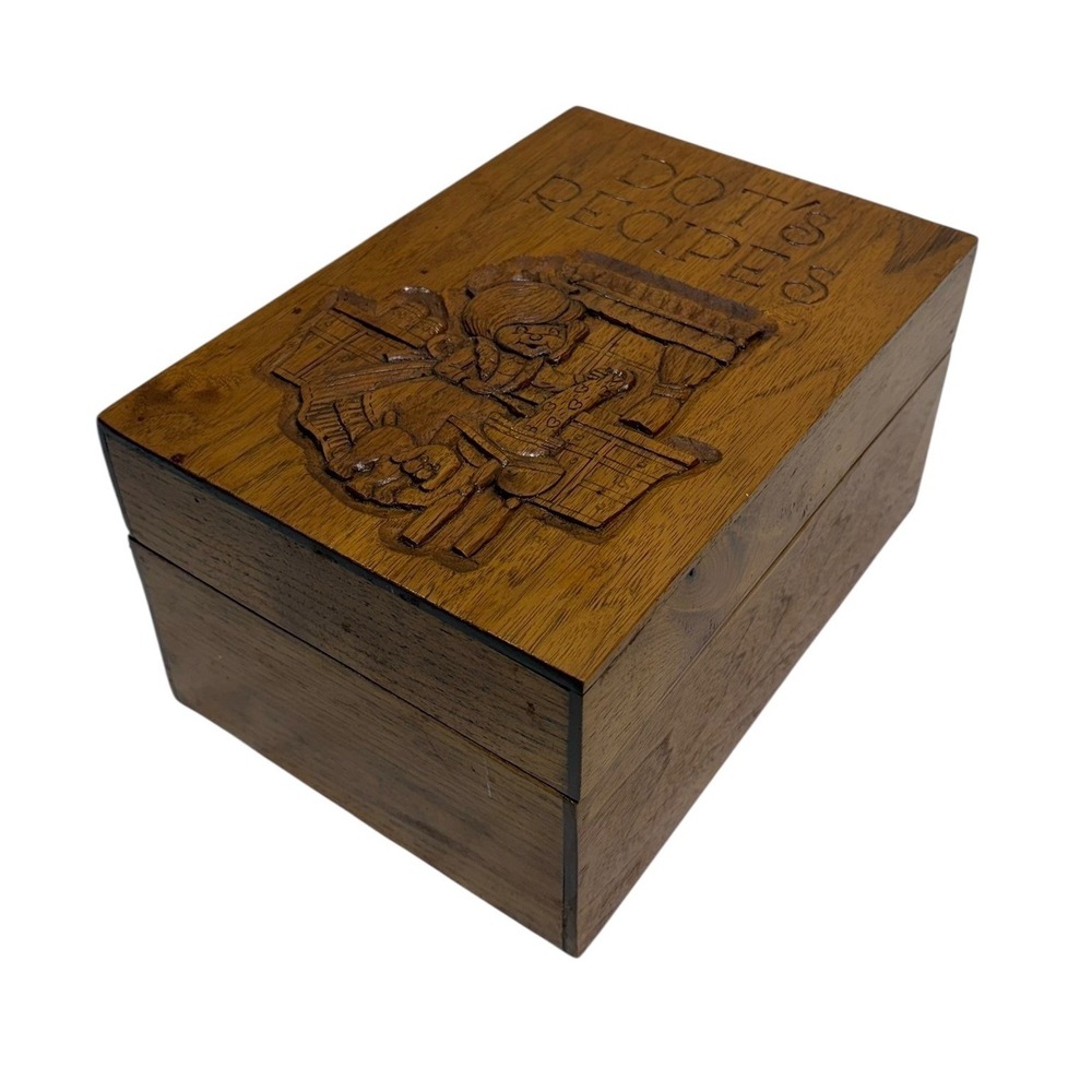 Vintage Hand Carved Wooden Recipe Box Dots Recipes Rustic Kitchen Decor Brown